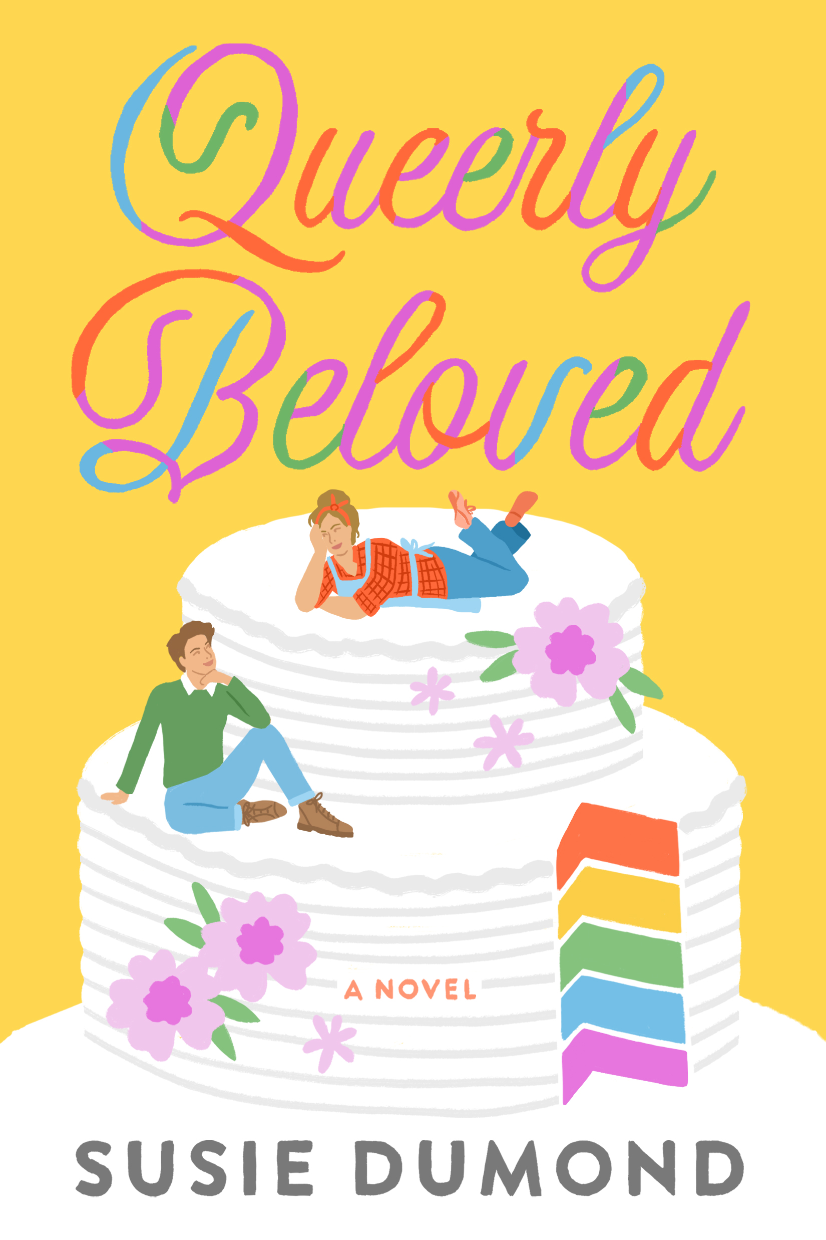 Queerly Beloved book cover - yellow background with rainbow cake and two human figures