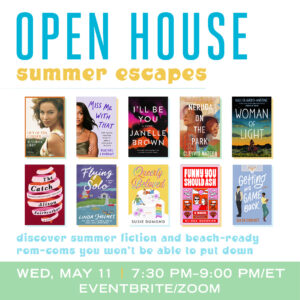 Graphic advertising Random House Open House "summer escapes" event with ten book covers, including Queerly Beloved by Susie Dumond